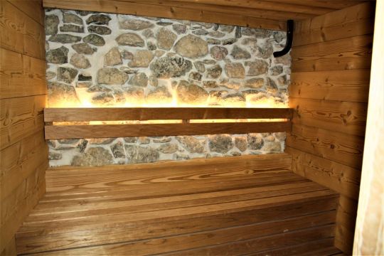 Sauna avec son mur intérieur en pierres